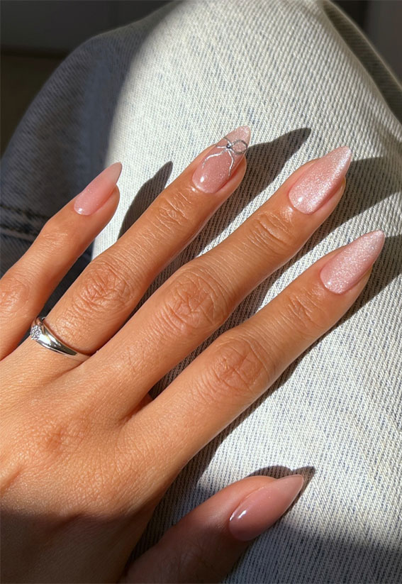 40 Spring Nail Ideas to Brighten Your Look : Silver Bow on Blush Nails