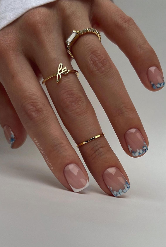 40 Spring-Inspired Nail Designs : Blue Floral & White Tip Nails