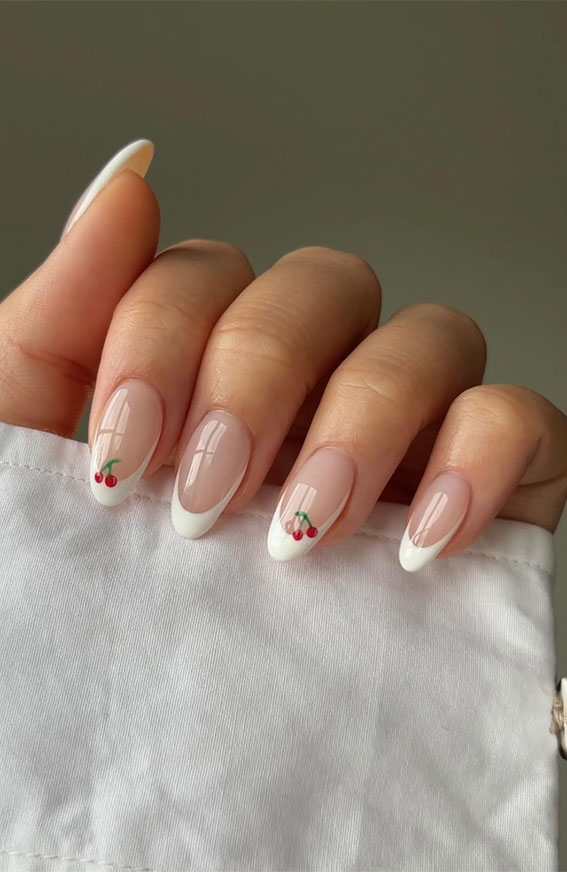 40 Spring-Inspired Nail Designs : White Tips with Little Cherries