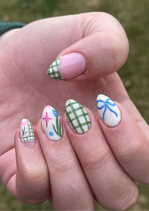 40 Spring-Inspired Nail Designs : Mix n Match Gingham, Tulip & Bow