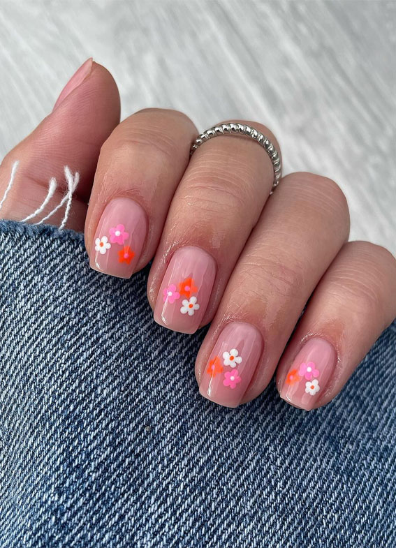40 Spring-Inspired Nail Designs : Vibrant Floral Nude Nails
