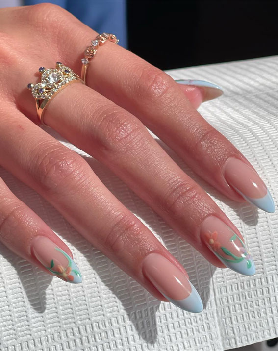 40 Spring-Inspired Nail Designs : Spring Dreamy Floral Baby Blue Tips