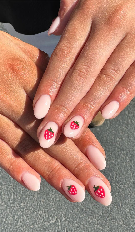 40 Spring-Inspired Nail Designs : Simple Nude Pink Nails with Strawberry