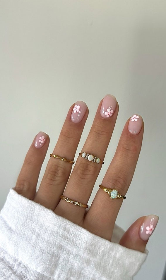 40 Spring-Inspired Nail Designs : Glossy Nude Pink Short Nails with Floral Accents