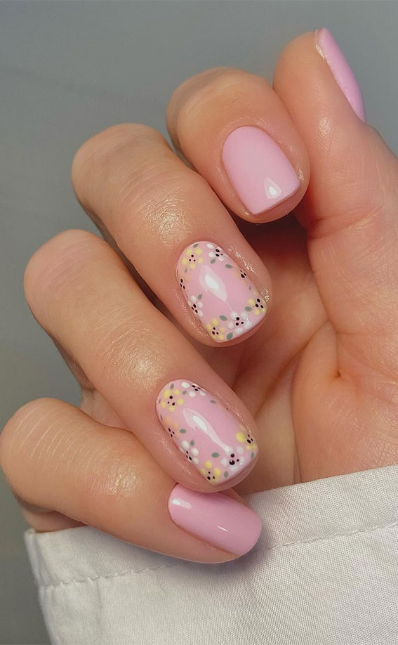 40 Spring-Inspired Nail Designs : Pastel Floral Nude Pink Nails