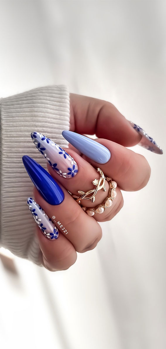 40 Spring-Inspired Nail Designs : Shades of Blue Floral Almond Nails