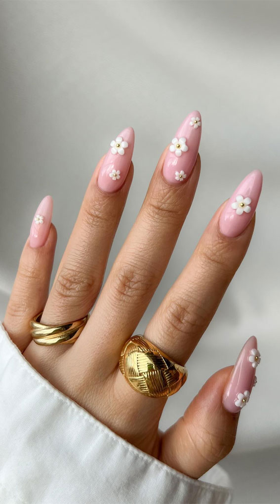 40 Spring-Inspired Nail Designs : Floral Embellishment Pink Nails