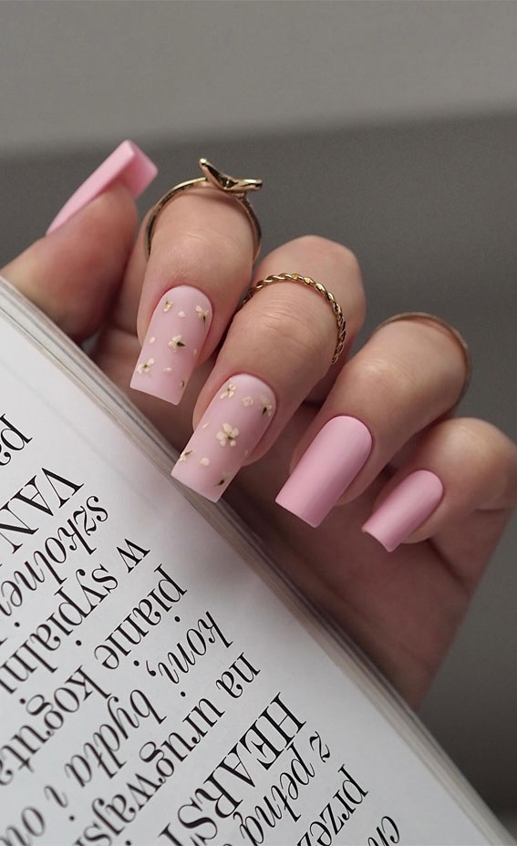 40 Spring-Inspired Nail Designs : Floral Matte Pink Nails