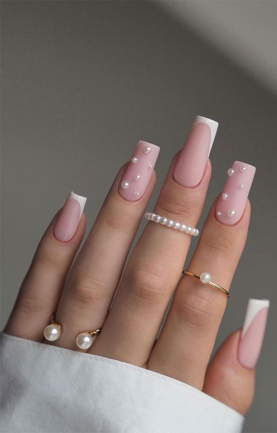 40 Spring-Inspired Nail Designs : Matte Nails with Pearls & French Tips