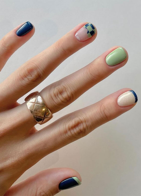 40 Cute Spring Nail Designs to Brighten Your Look : Mint & Navy Blue Combo Nails