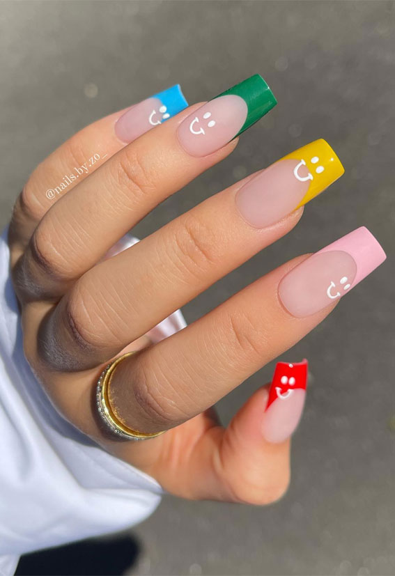 Revamp Your Nails with 17 Coloured French Tip Ideas : Colourful French Tips with Smiley Faces