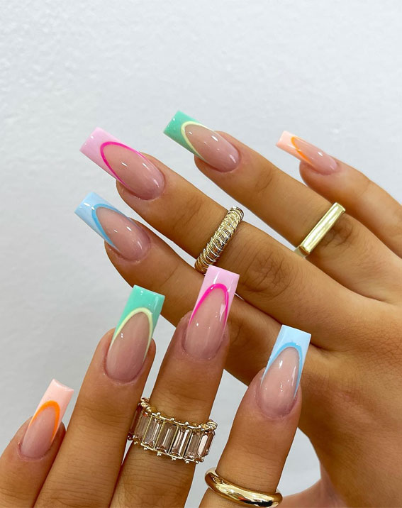 Revamp Your Nails with 17 Coloured French Tip Ideas : Soft Hue Multicoloured Double French Tips
