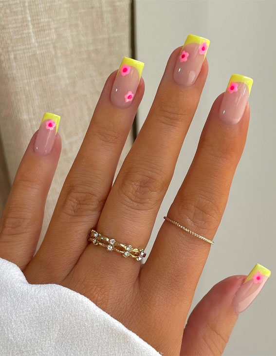 Revamp Your Nails with 17 Coloured French Tip Ideas : Neon Yellow Tips with Pink Flowers Accent