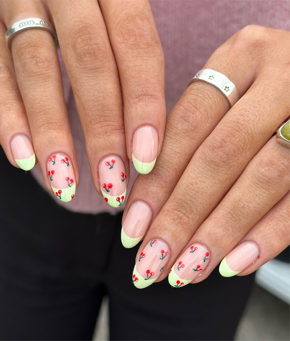 Revamp Your Nails with 17 Coloured French Tip Ideas : Pastel Yellow Tips with Cherry Pattern