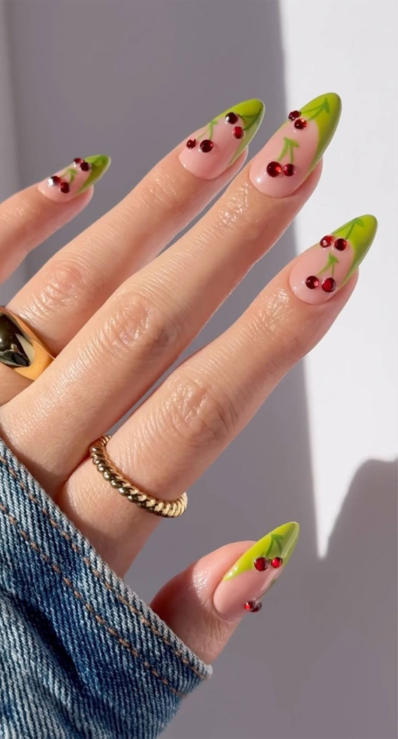 40 Cute Spring Nail Designs to Brighten Your Look : Neon Green Tip Nails with Cherry Accents