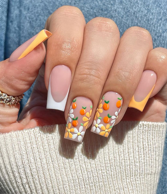 40 Cute Spring Nail Designs to Brighten Your Look : Orange & Flower Nails