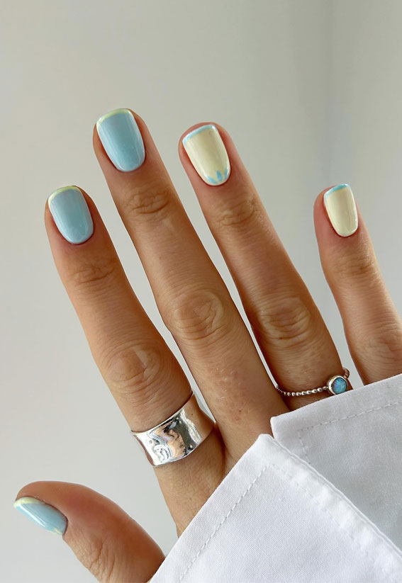two-toned nails, blue and yellow nails, spring nail designs, spring nails, pastel nails, spring nail designs simple, classy spring nail designs, spring nail designs 2024, floral nails, spring nail designs for short nails, spring nail colors ideas, spring nail designs acrylic