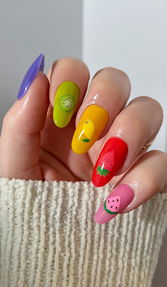 40 Cute Spring Nail Designs to Brighten Your Look : Fruity Vibrant Nails