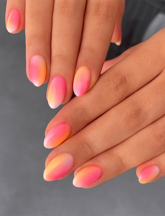 40 Cute Spring Nail Designs to Brighten Your Look : Pink & Yellow Aura Effect Nails
