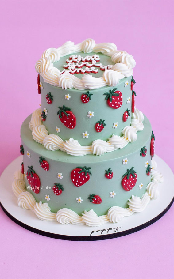 27 Summer-Themed Cake Inspirations : Mint Green with Strawberry Accents