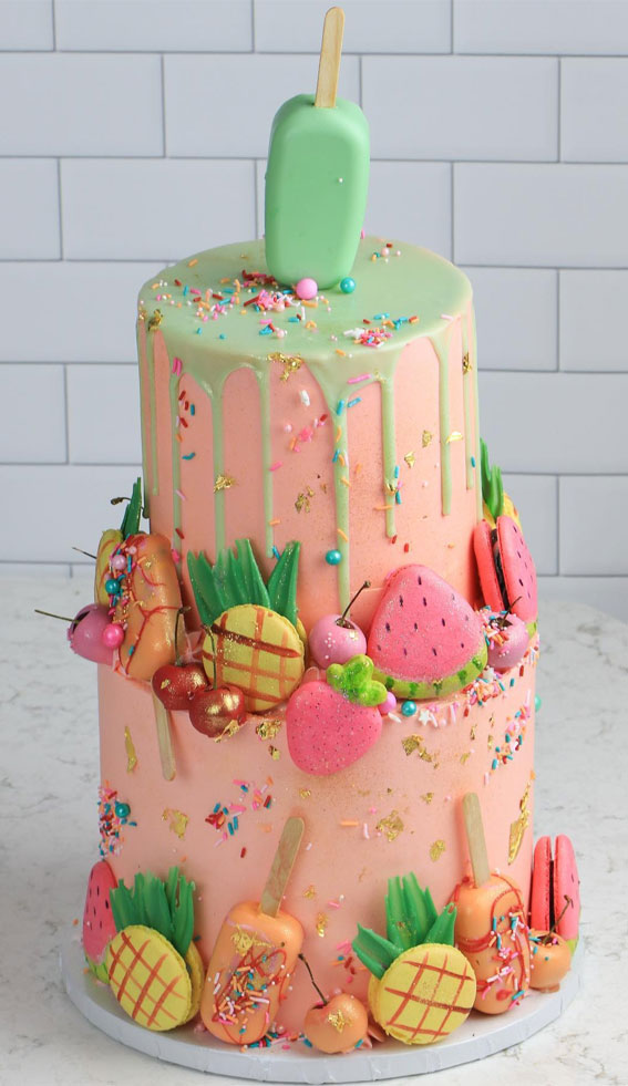 27 Summer-Themed Cake Inspirations : Two-Tiered Pink Green Drip Cake