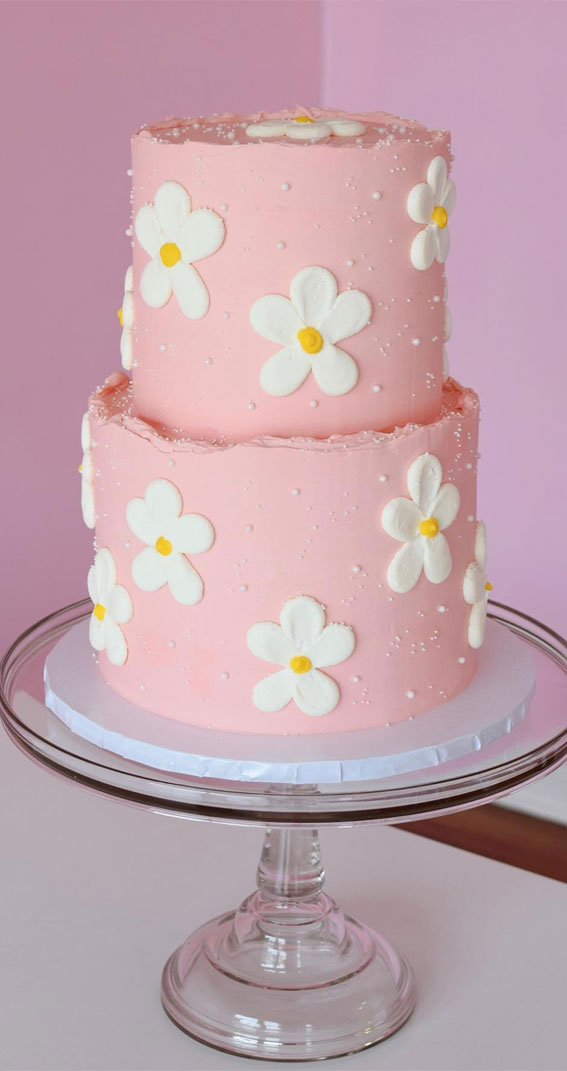 27 Summer-Themed Cake Inspirations : Daisy Pink Two-Tired Cake