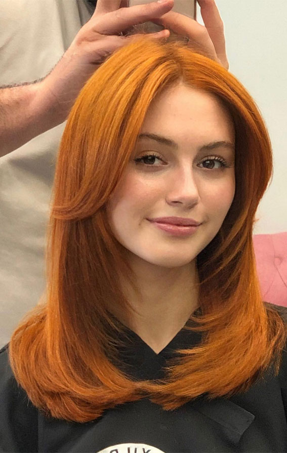 29 Versatile Layered Haircuts that Go Beyond : Orange Copper Face-Framing Bangs