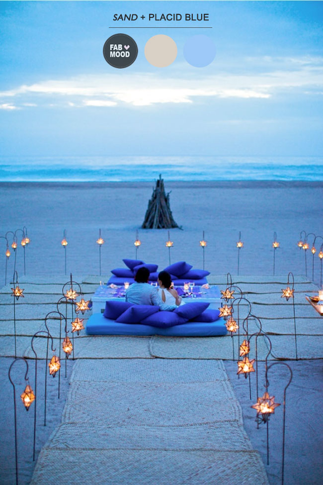 { Pantone Palette } Sand + Placid Blue  https://www.fabmood.com/pink-sand-placid-blue-wedding/  placid blue sand wedding,placid blue sand dazzling blue wedding ceremony