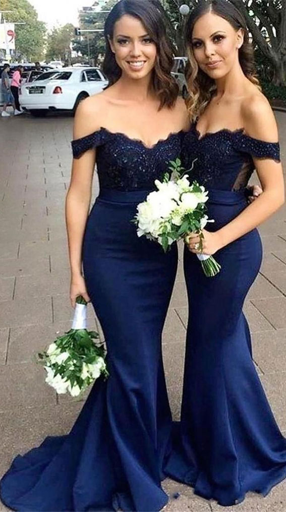 dark blue bridesmaid dresses, off the shoulder mermaid bridesmaid dresses