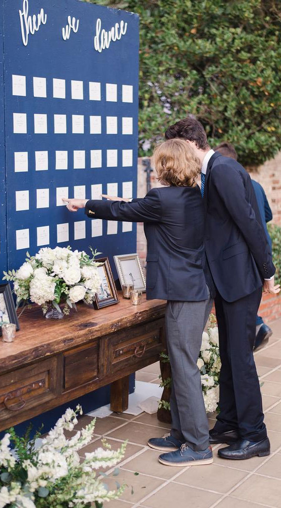 dark blue and white wedding, wedding escort card display, wedding seating chart