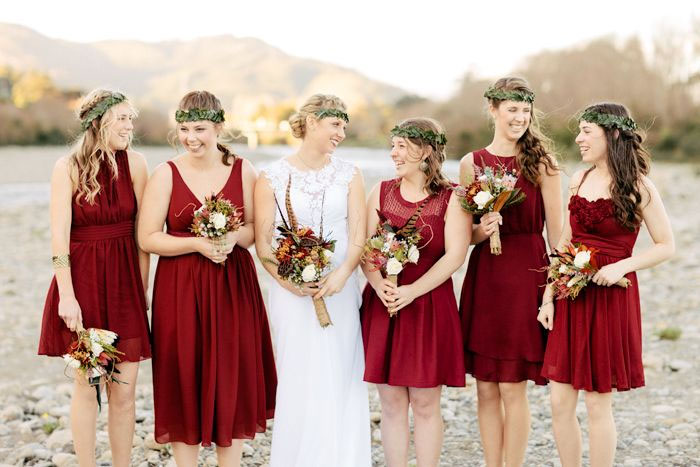 red autumn bridesmaids,carmine dresses ,Red Autumn Bridesmaids | Photo by Benjamin + Elise : blog.benjaminandelise.com