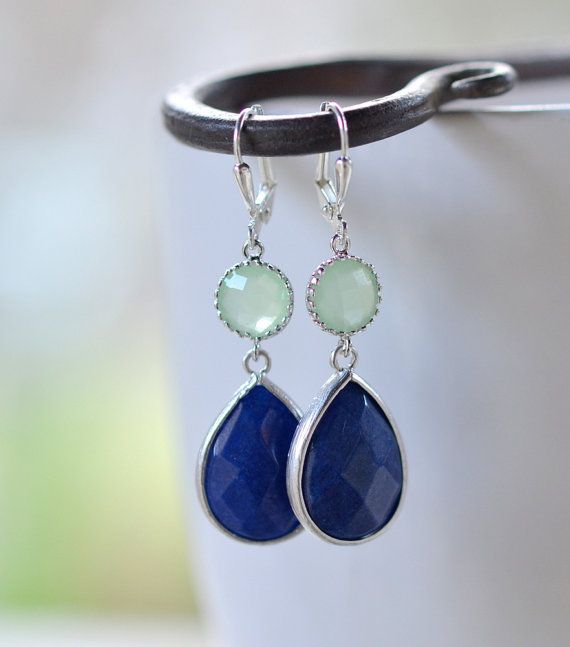 Navy Blue and Mint Jewel Gem Earrings in Silver. Dangle Earrings. Bridesmaid Jewelry,bridal earrings,Wedding Jewelry