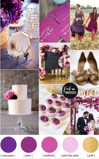 Royal purple + plum + mulberry + pale lilac pink and mute gold wedding colour palette | fabmood.com