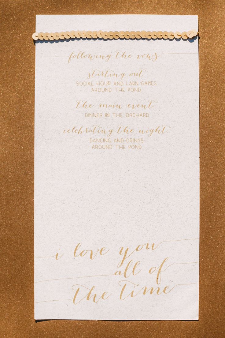gold calligraphy wedding invite - Wedding in The Peach Orchard | Photography : marymargaretsmith.com | https://www.fabmood.com/a-cozy-fall-wedding-in-the-peach-orchard #peach #fallwedding