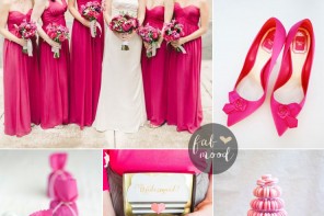 Blue grey + Berry hued wedding and Pronovias One Shoulder Wedding Dress | fabmood.com #hotpink