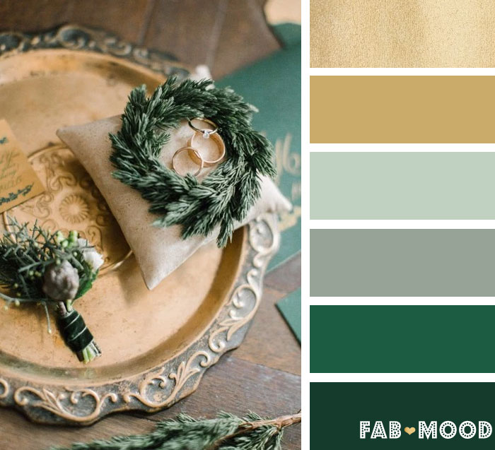 Antique gold and Emerald green winter wedding color palette | fab mood