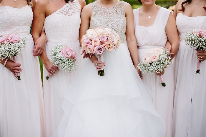 blush pink roses and gypsophila for the bouquets , bridesmaid's bouquets | Bride and white bridesmaid dresses for June Wedding | fabmood.com #bridesmaids #whitebridesmaids #whitebridesmaiddresses