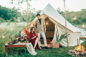 Taupe And Red For An Intimate Autumn Camping Engagement Session in a retro-style