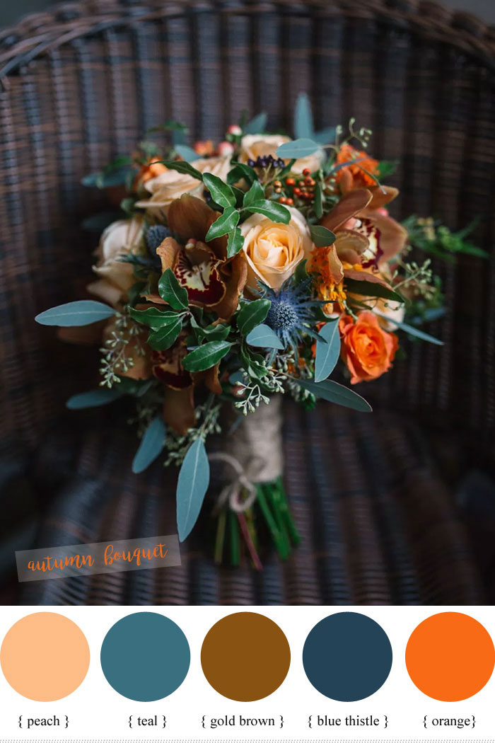 Blue peach teal and orange wedding bouquet for fall wedding | fabmood.com #weddingbouquet #bouquet #fallwedding #teal