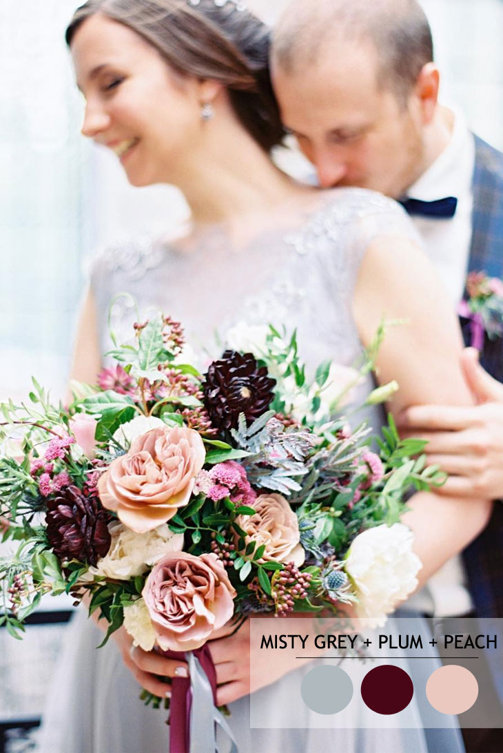 Misty grey and plum hues and peach winter wedding colour inspiration | fabmood.com #winterwedidng #mistygreyplum #plumwedding #plumpeach #romantic #weddingcolours
