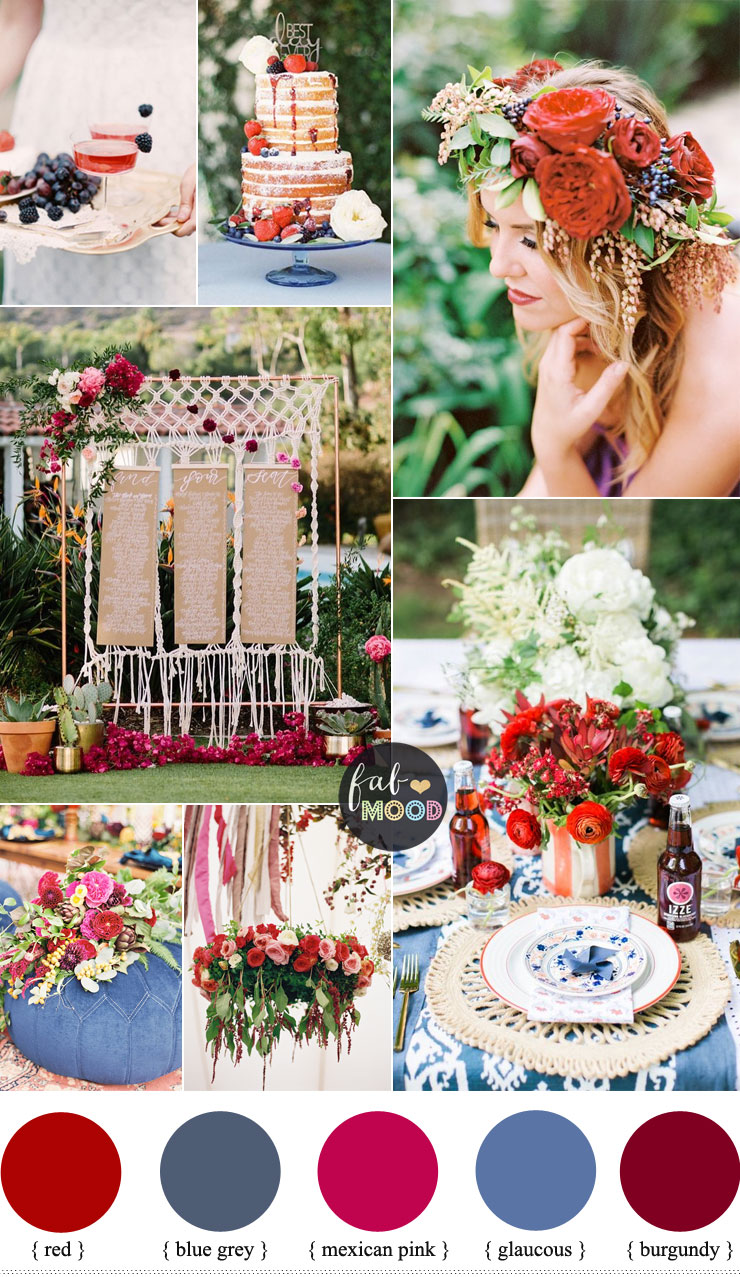 Blue grey + mexican pink + burgundy for Colorful lux boho wedding ideas for summer wedding | fabmood.com #weddingideas #summerwedding #bohowedding #luxbohowedding #luxboho #weddingtheme