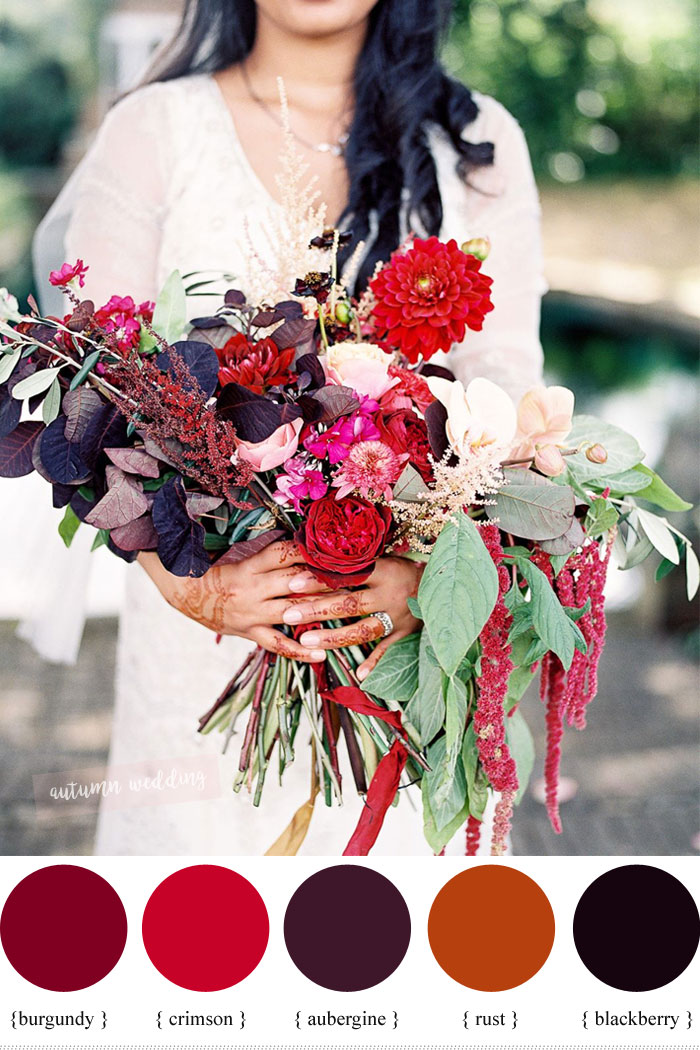 Aubergine, blackberry, burgundy, crimson and rust fall wedding color schemes | fabmood.com #fallwedding #burgundybouquet #weddingbouquet #autumnwedding #burgundy