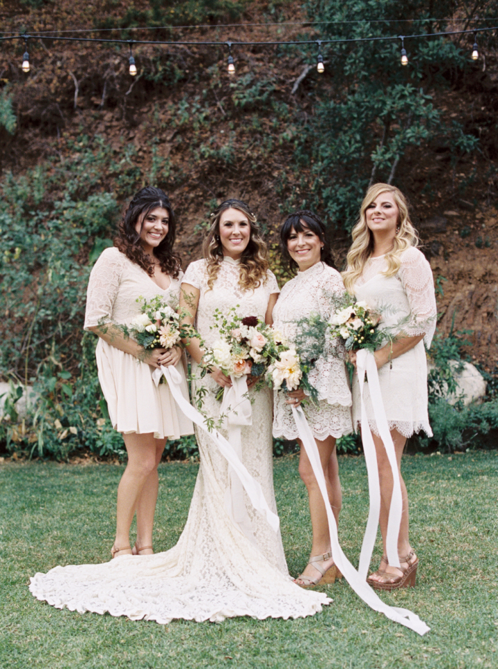 Rustic bohemian  wedding  bridal  party in white lace