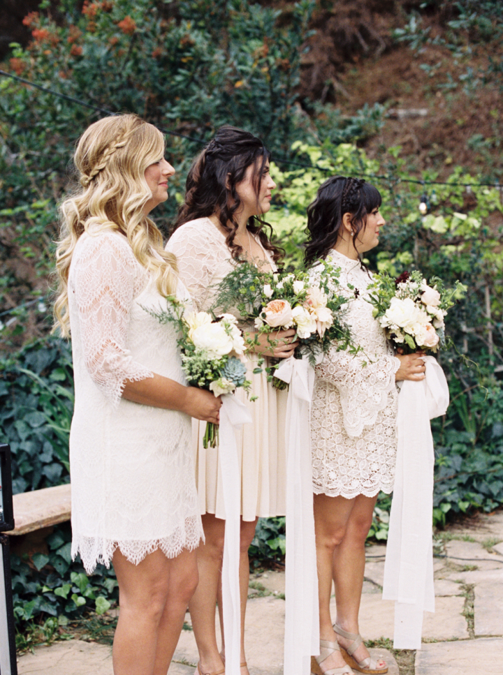 Bridesmaids wear white lace dresses - Rustic bohemian wedding | fabmood.com #bohemianwedding #rusticbohowedding #rusticwedding #bohemianrustic #bohemianwedding