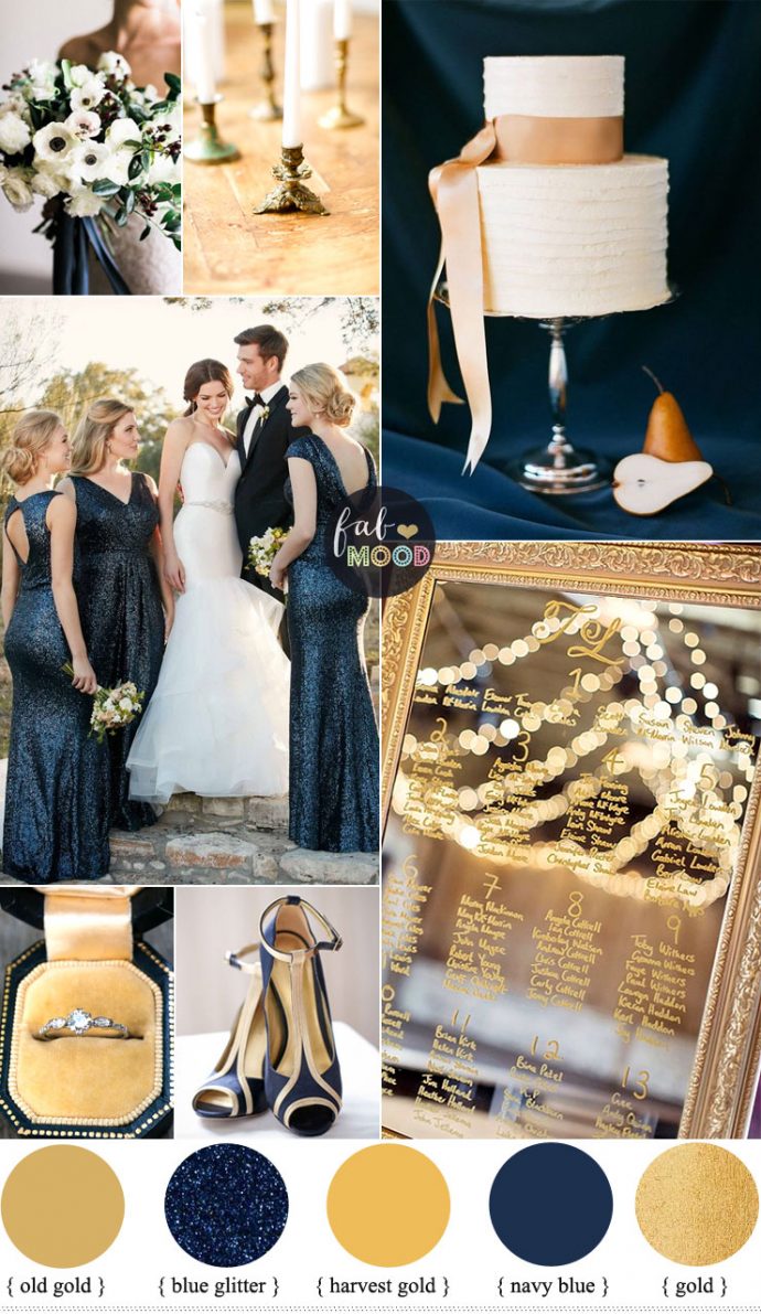 Gold and navy blue wedding color palette for classic winter wedding