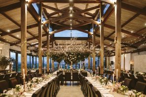 A solf color palette ,Leah Da Gloria wedding dress for a glamorous winter-styled winery wedding in the valley