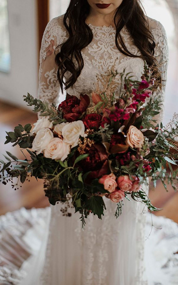 neutral and maroon wedding bouquet, bridal bouquet