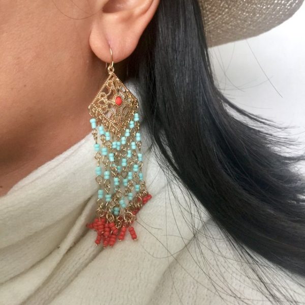 Turquoise and coral bead effect boho chic tassel earrings