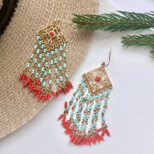 Turquoise and coral bead effect boho chic tassel earrings