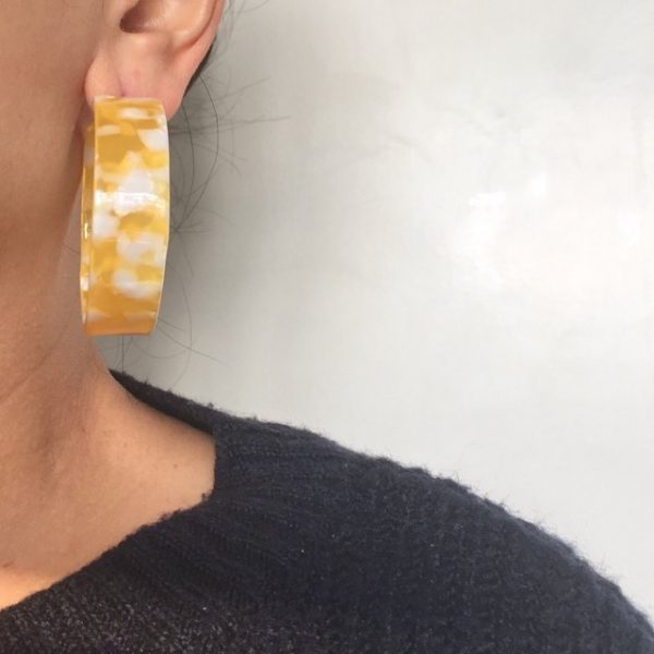 Trendy yellow and white print on hoop earrings ,yellow earring,yellow hoop earrings,white hoop earrings yellow earrings, small hoop earrings, plastic hoop earrings